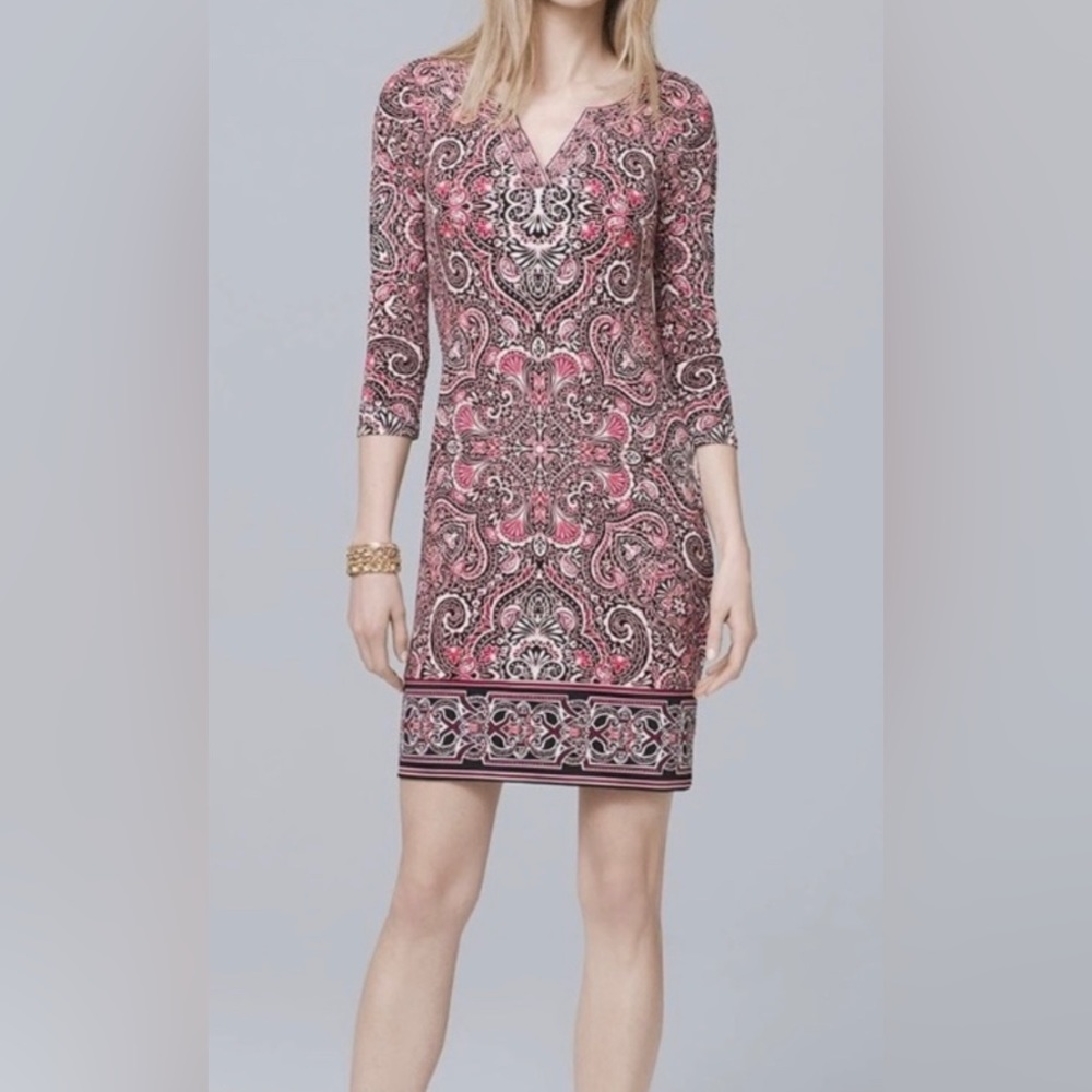 Versatile WHBM Pink Paisley 3/4 Sleeve Stretchy Short Sheath Dress • XS